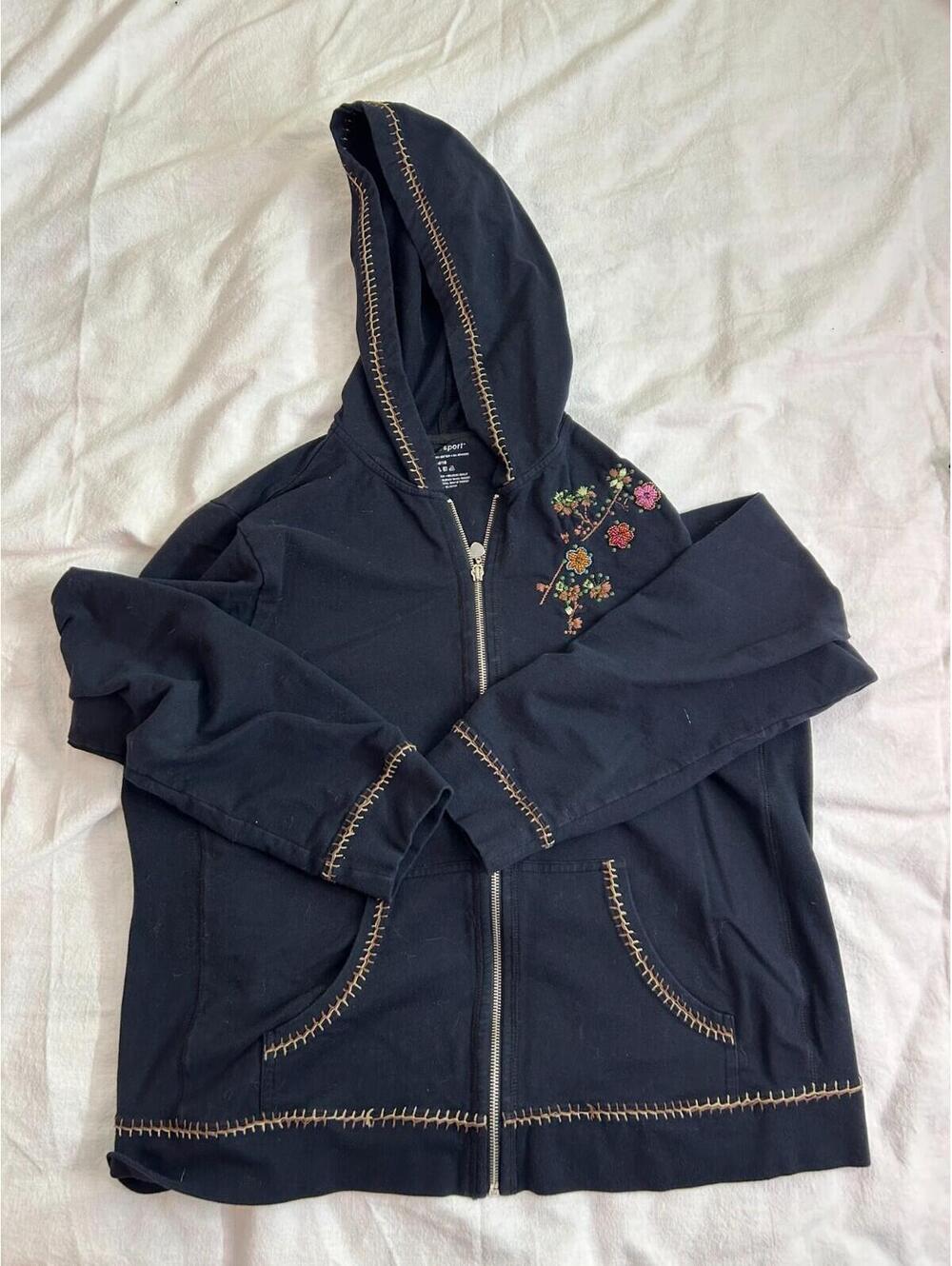 Venezia Hooded Jacket Women's Sz 14/16 Navy Blue Embroidered Pockets Full Zipper